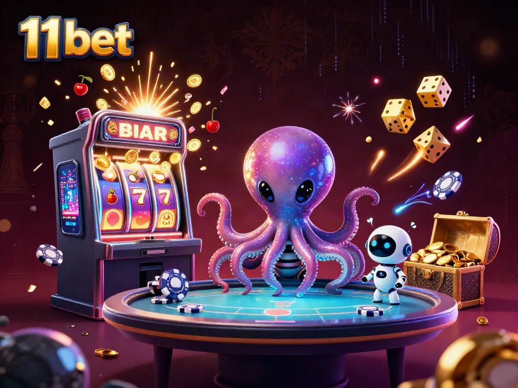 Engage in action-packed gaming at 11 bet with thrilling 3D casino illustration of vibrant characters and elements.