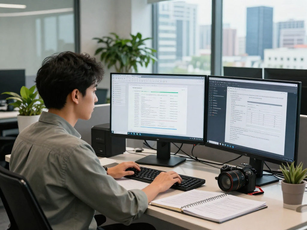 Engaged professional conducting document fraud detection analysis in a modern workspace using advanced tools and analytics.
