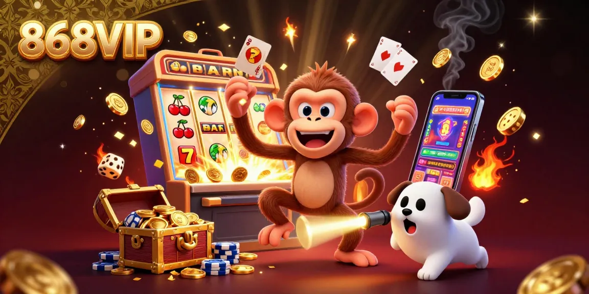 Engage with 868VIP's vibrant casino scene featuring a mischievous monkey juggling golden chips, enticing players to join the excitement.