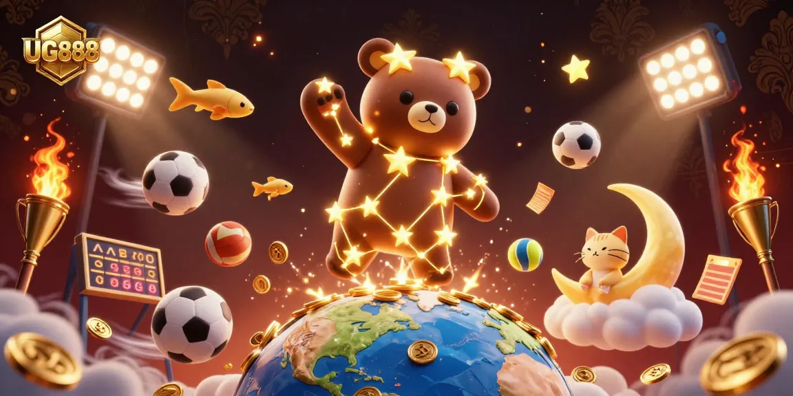 Experience excitement at UG888 with a constellation bear, sports balls, and rich casino elements.