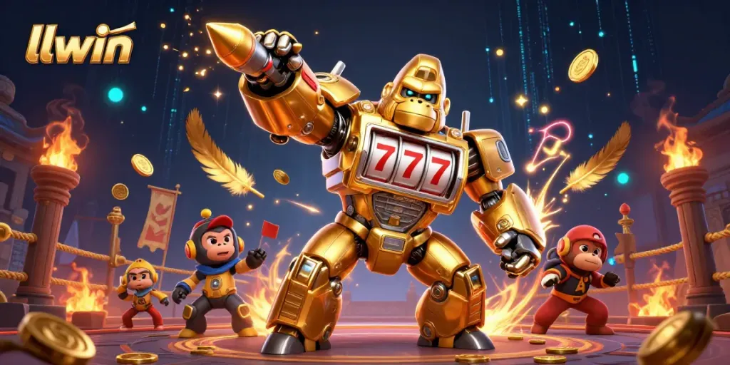 Experience excitement with llwin's thrilling 3D gorilla mech pumping coins in a vibrant casino scene.