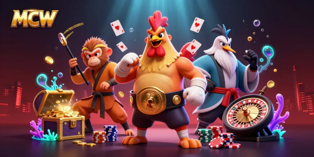 Experience the thrill of MCW with cartoon characters engaging in a vibrant casino atmosphere.