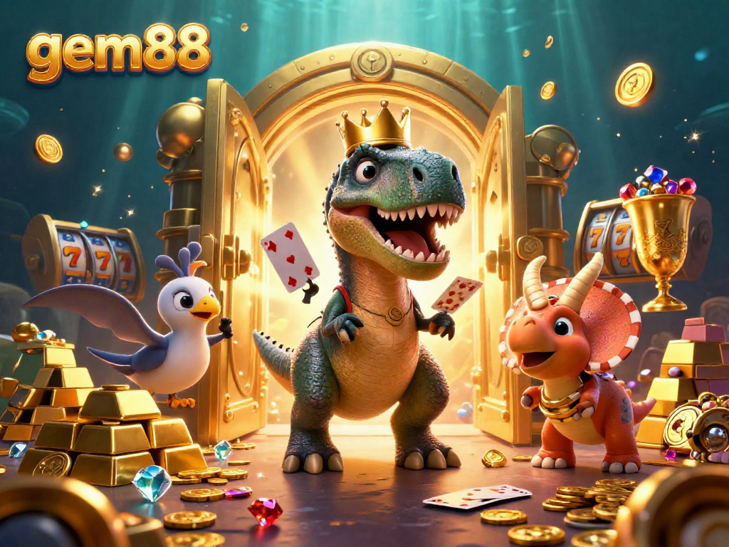 Experience gem88's dynamic casino thrills with a playful T-Rex and friends amid gold and slot fun.