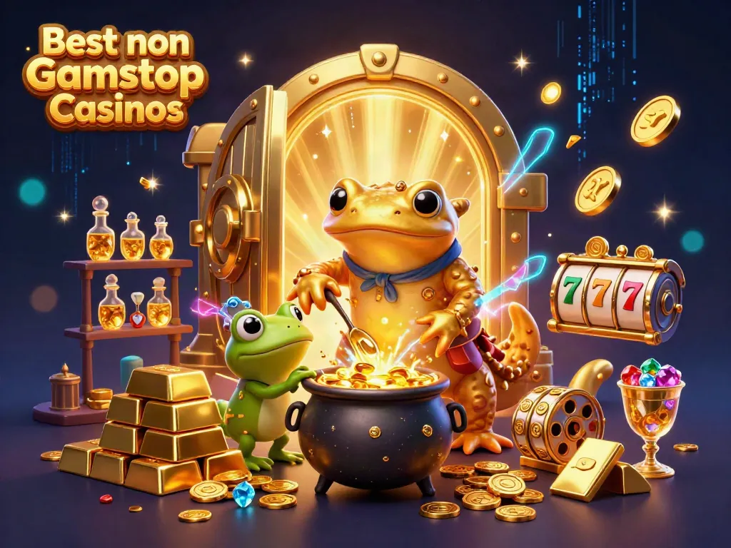 Captivating depiction of the Best non Gamstop Casinos featuring magical alchemy and playful gambling elements.