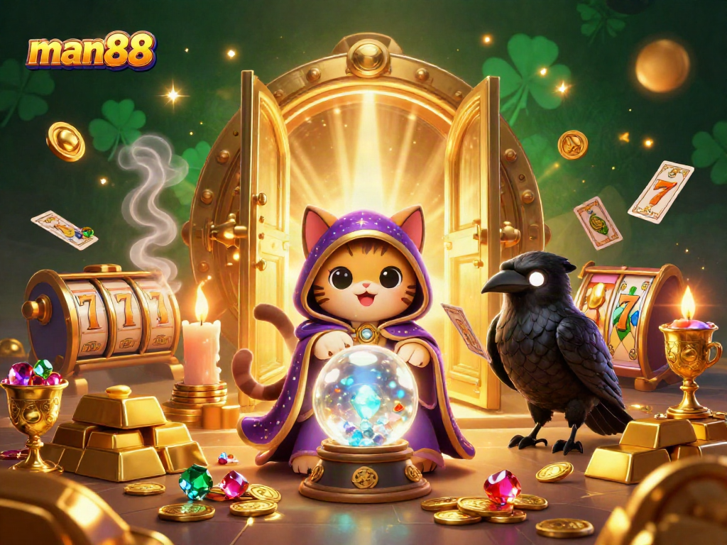 Experience thrilling gameplay with man88, featuring a mystic fortune teller cat and rich casino treasures.