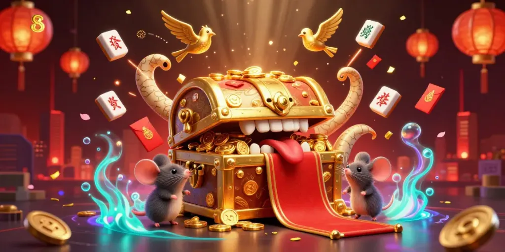 Engage with 8S as adventurer mice explore a treasure chest in a vibrant casino scene.