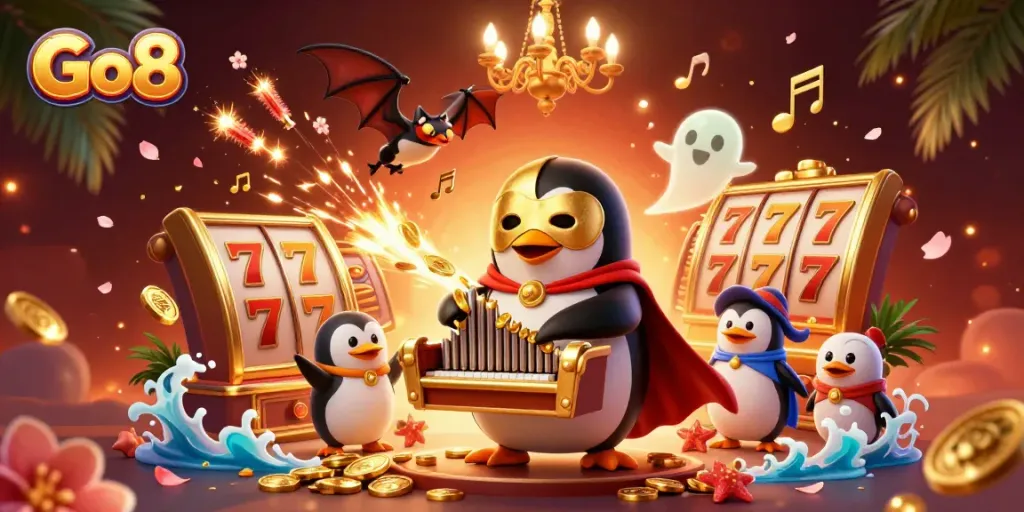 Experience the excitement of Go8 as a phantom penguin organist brings a cascade of golden coins in an animated scene.