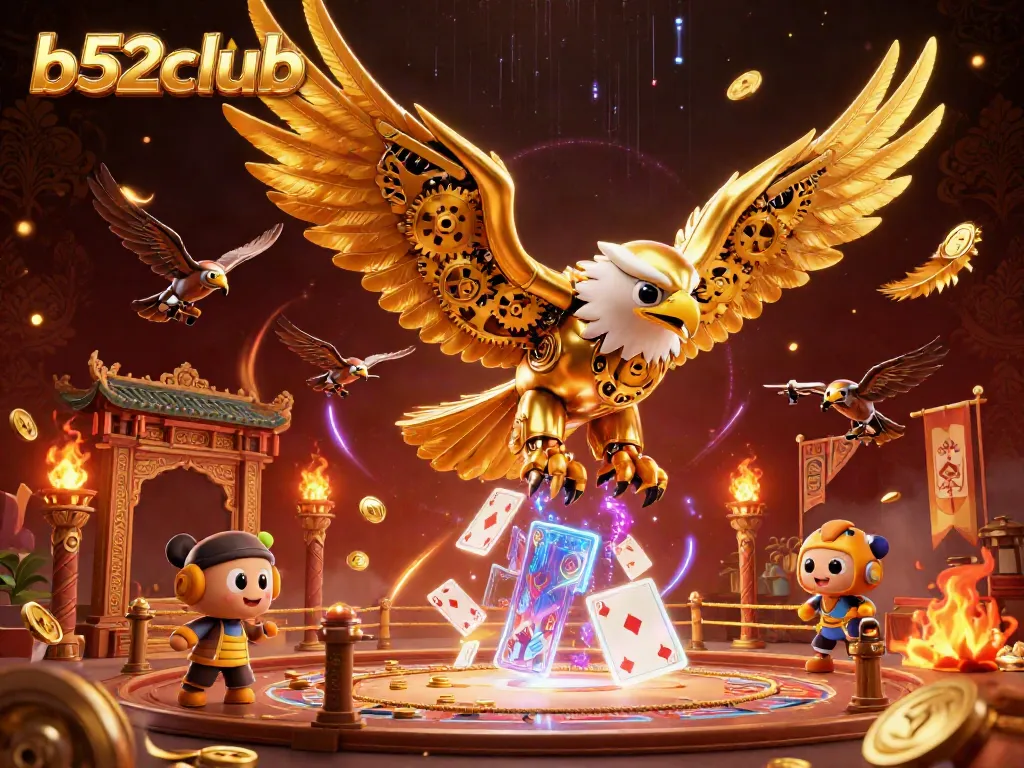 Bettors celebrate with the unique b52club golden eagle as it soars amidst holographic cards and gold coins.