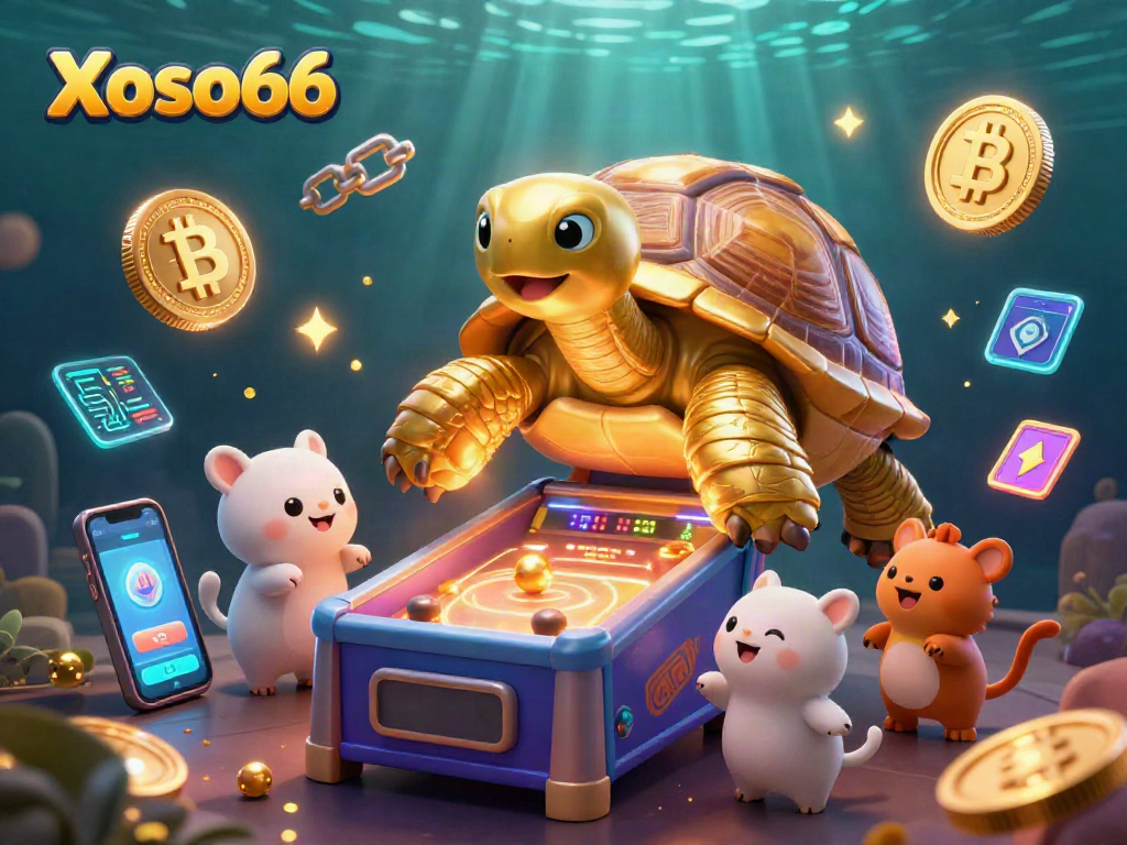 Xoso66 players having fun at a vibrant casino scene with a golden tortoise pinball machine