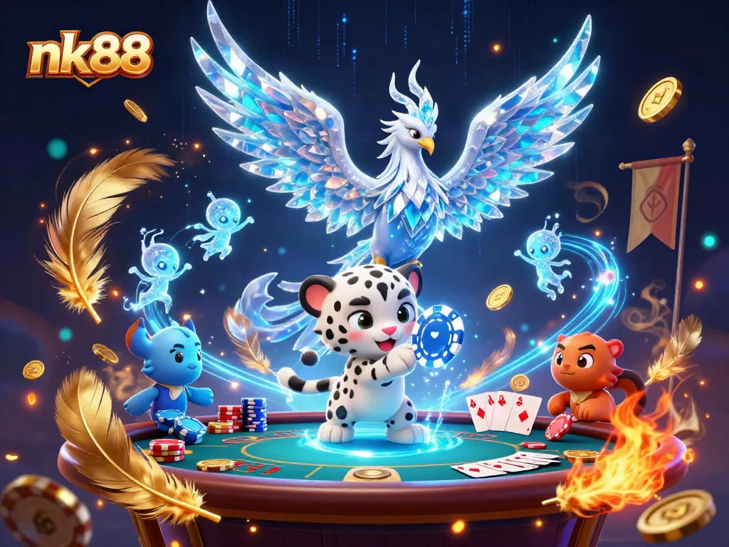 nk88 gaming scene with ice phoenix, poker chip, glowing sprites, and vibrant casino elements