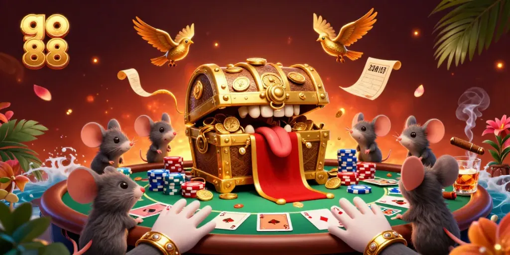 Experience the thrilling allure of go 88 as cartoon treasure chest lures adventurers within a vibrant casino scene.