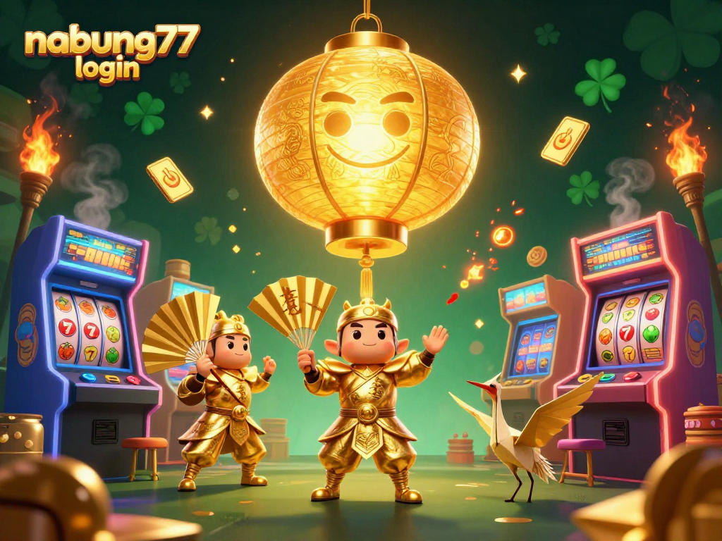 Nabung77 login scene with a giant golden lantern spirit above a vibrant night market casino.