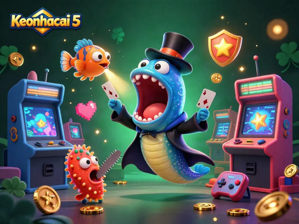 Keonhacai 5 showcases a magician eel performing card tricks in a vibrant casino-themed scene.