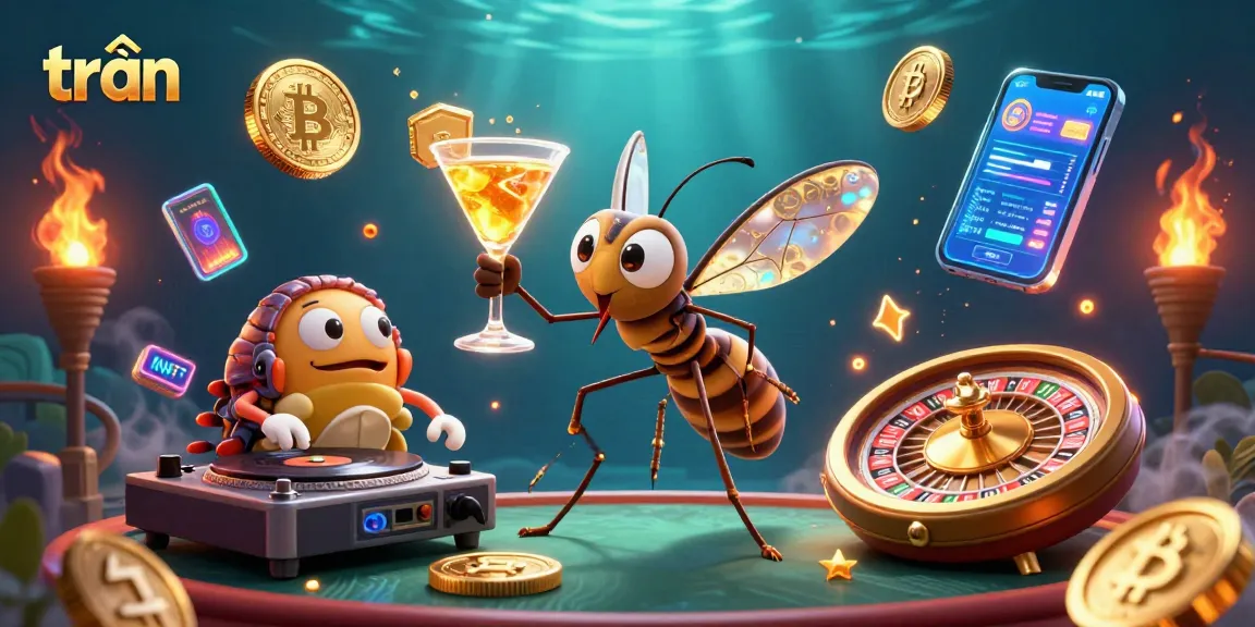 Engage in the trần-themed casino adventure with a vibrant 3D scene of animated characters and glowing crypto elements.