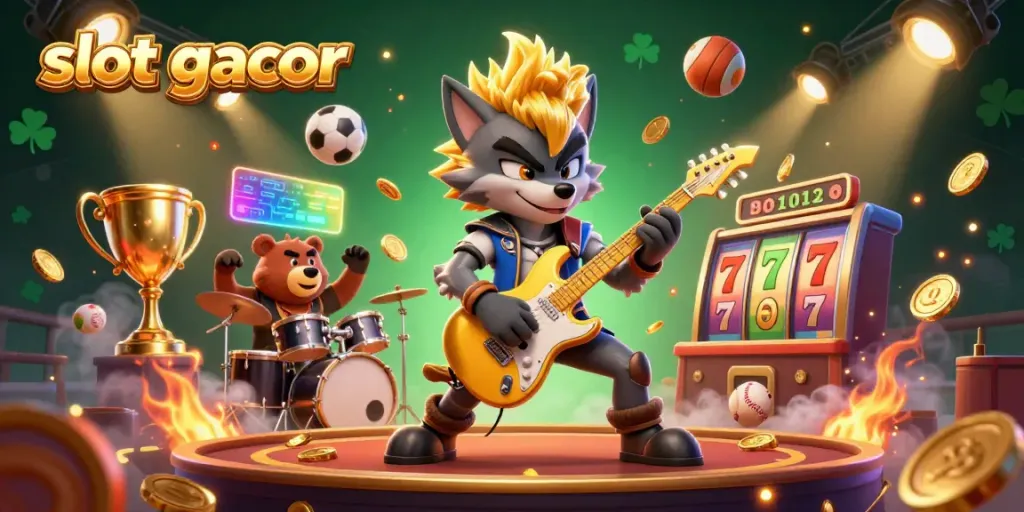 Experience winning thrills with slot gacor in this vibrant casino scene featuring 3D cartoon characters and dynamic game elements.