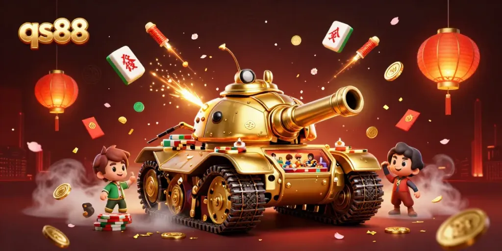 Experience qs88's vibrant casino adventure with a golden beetle tank, confetti cannons, and festive elements!