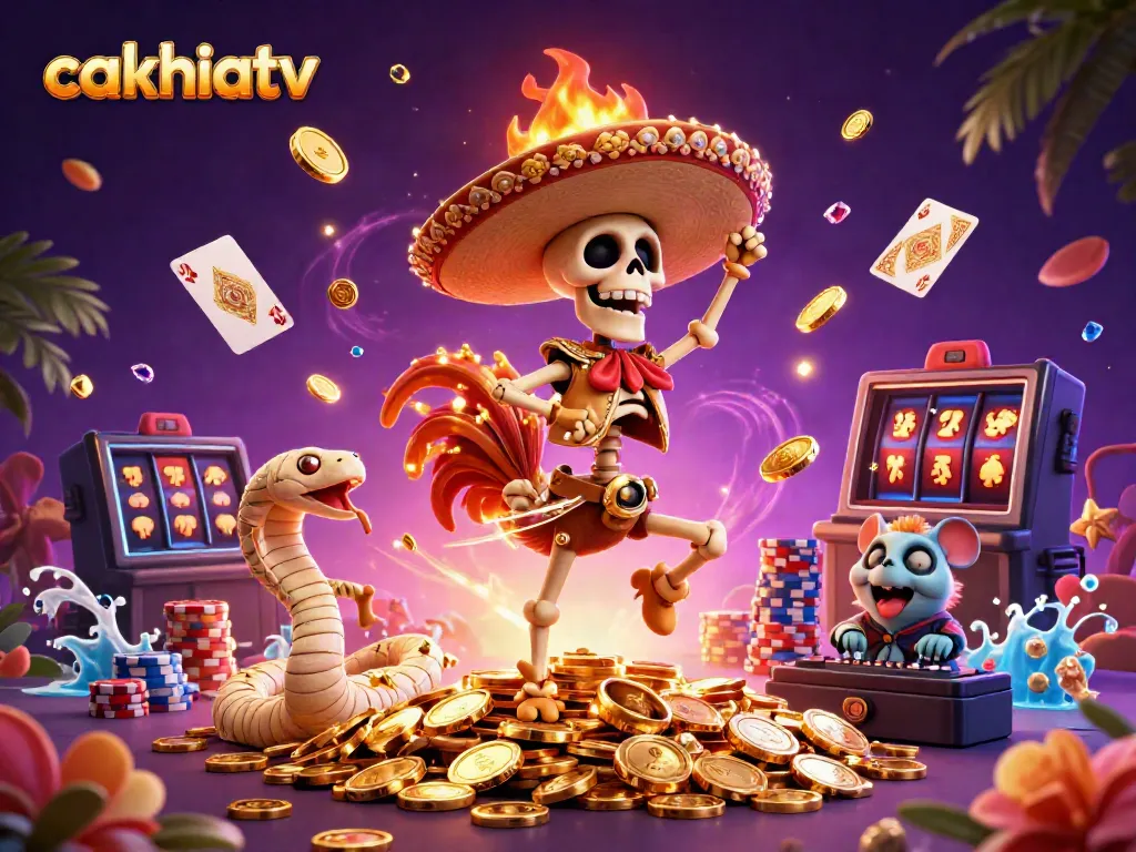 Cakhiatv celebrates the thrill of gambling with vibrant skeleton mariachi, mummy snake, and zombie DJ in an action-packed digital casino scene.