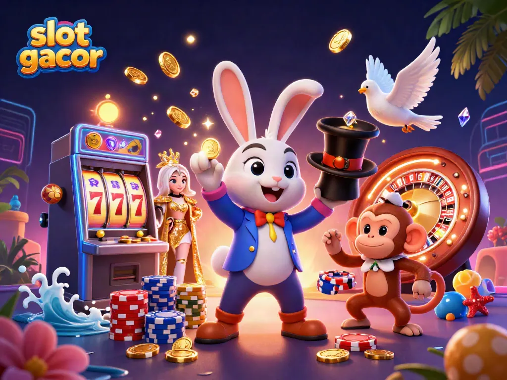 Experience the excitement of slot gacor with this dynamic 3D illustration filled with vibrant casino elements.
