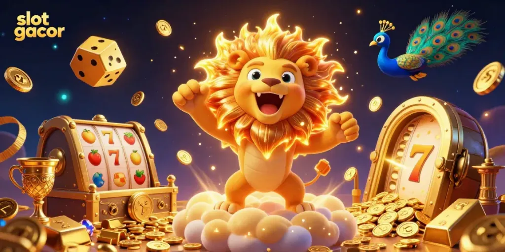 Experience slot gacor action with a roaring lion and cosmic slot elements in this vibrant 3D illustration.