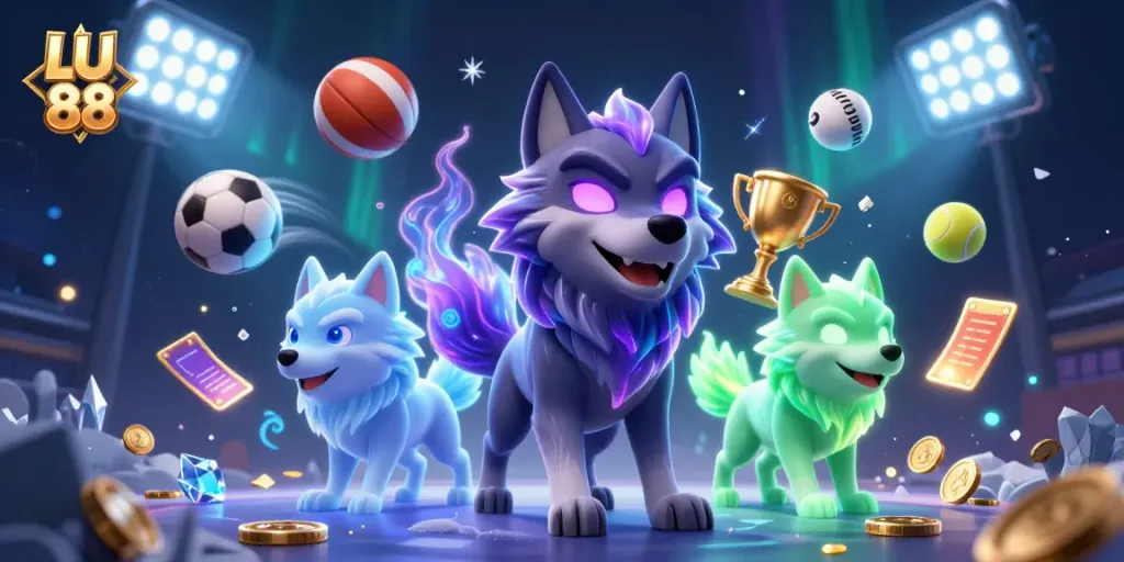 LU 88 showcases vibrant casino graphics with spectral wolves and dynamic sports elements, enhancing gaming excitement.