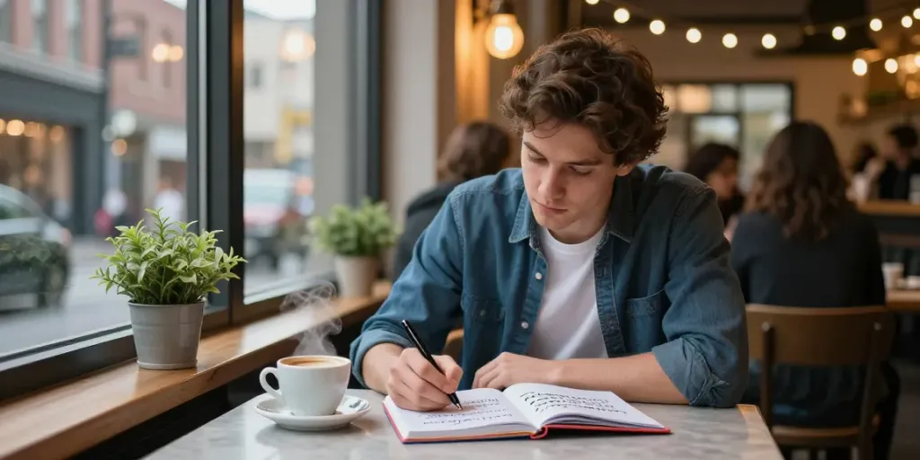 Young man writing conversation strategies on how to talk to women in a cozy café.