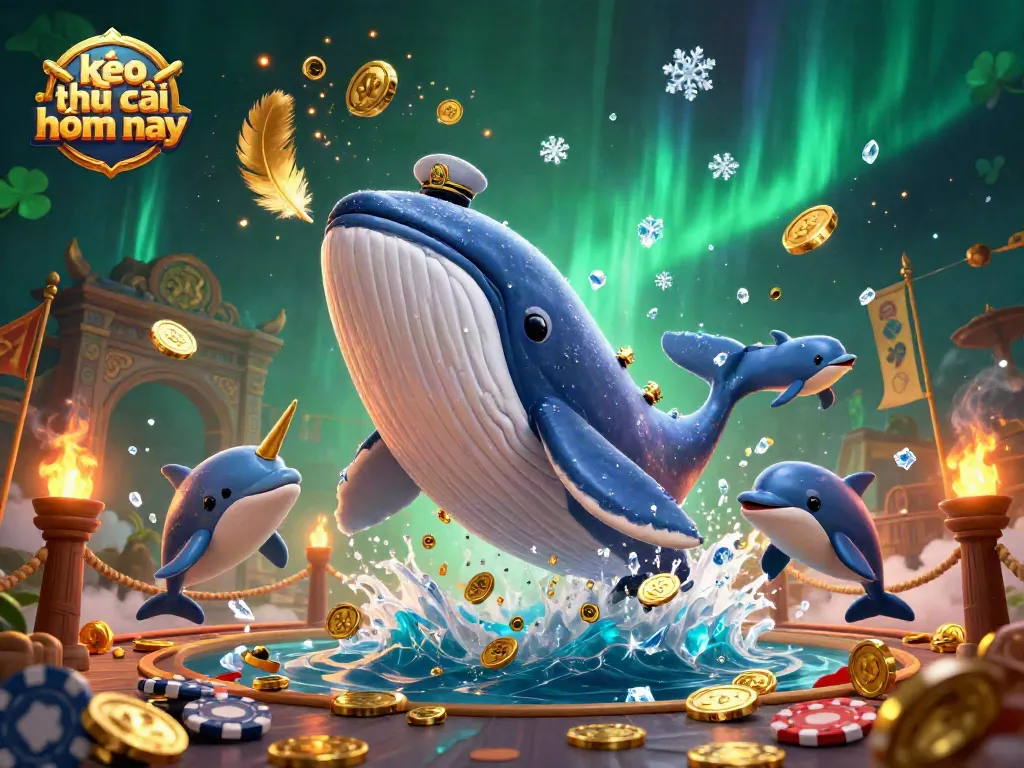 Engage with kèo nhà cái hôm nay featuring a whimsical whale captain amidst a treasure of coins and playful dolphins.