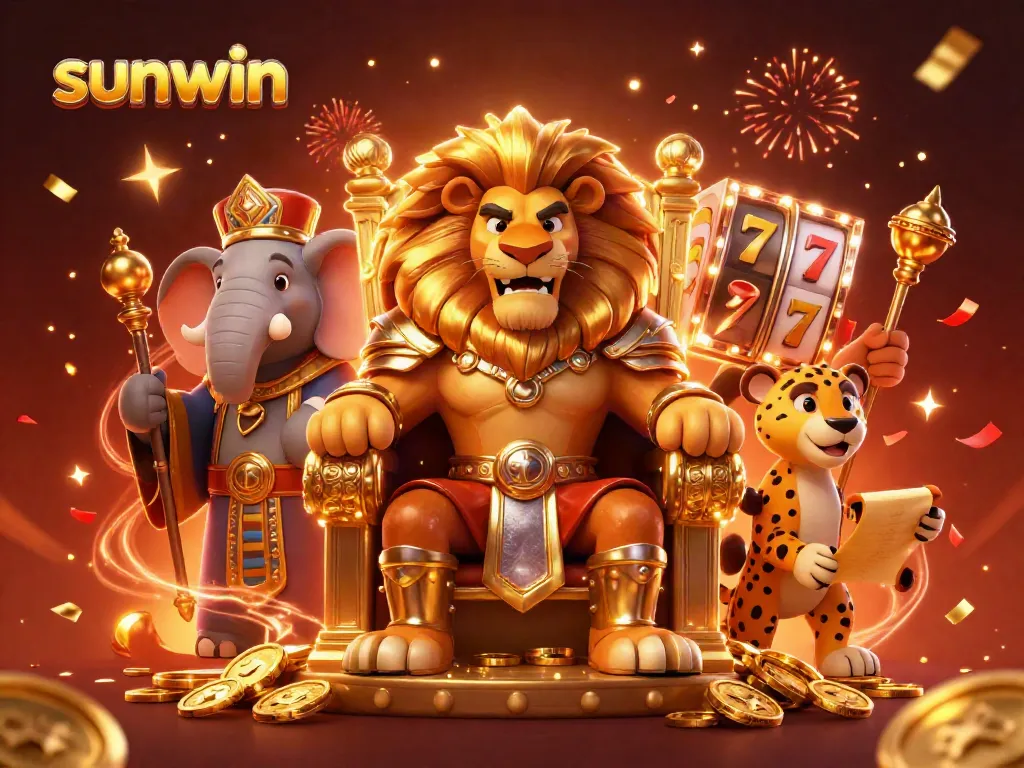 Experience thrilling games at sunwin with a vibrant 3D scene featuring a king, advisor, and messenger amidst slot machines and festive elements.