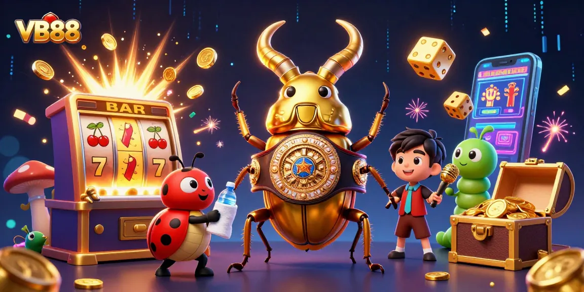Experience the vibrant action of VB88 with a golden beetle champion in a dynamic casino scene.
