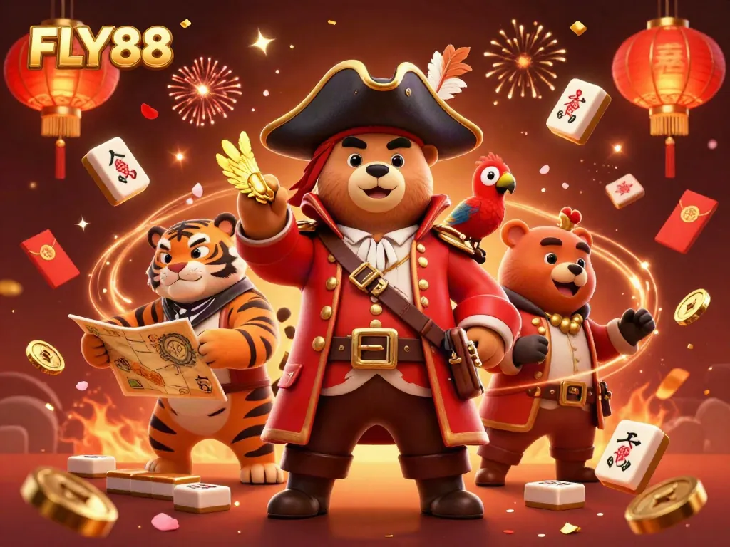 Engage with FLY88 in a dynamic and festive casino scene featuring animated characters and rich gaming elements.