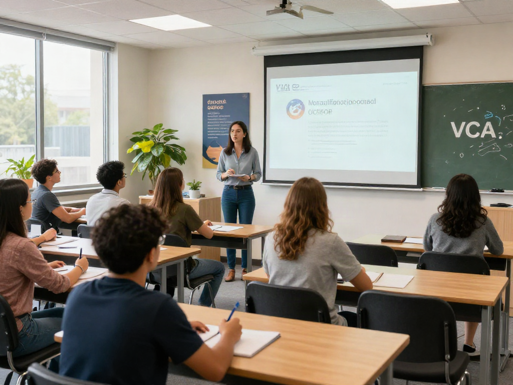 Groep volwassenen bezig met VCA Kopen cursus in lichte klasomgeving.
