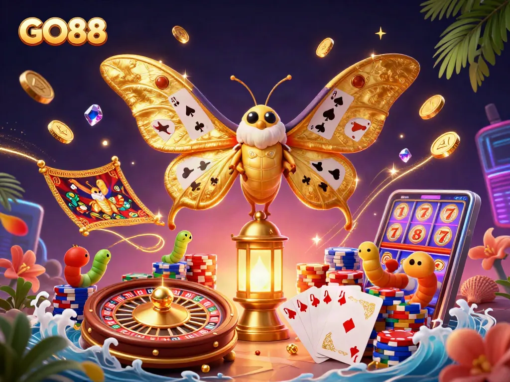 GO88 offers thrilling casino action with vibrant, dynamic gaming elements in a captivating 3D illustration.