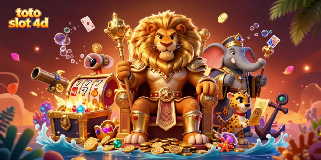 Experience the excitement of toto slot 4d with a vibrant 3D casino scene of animated characters and slot elements.