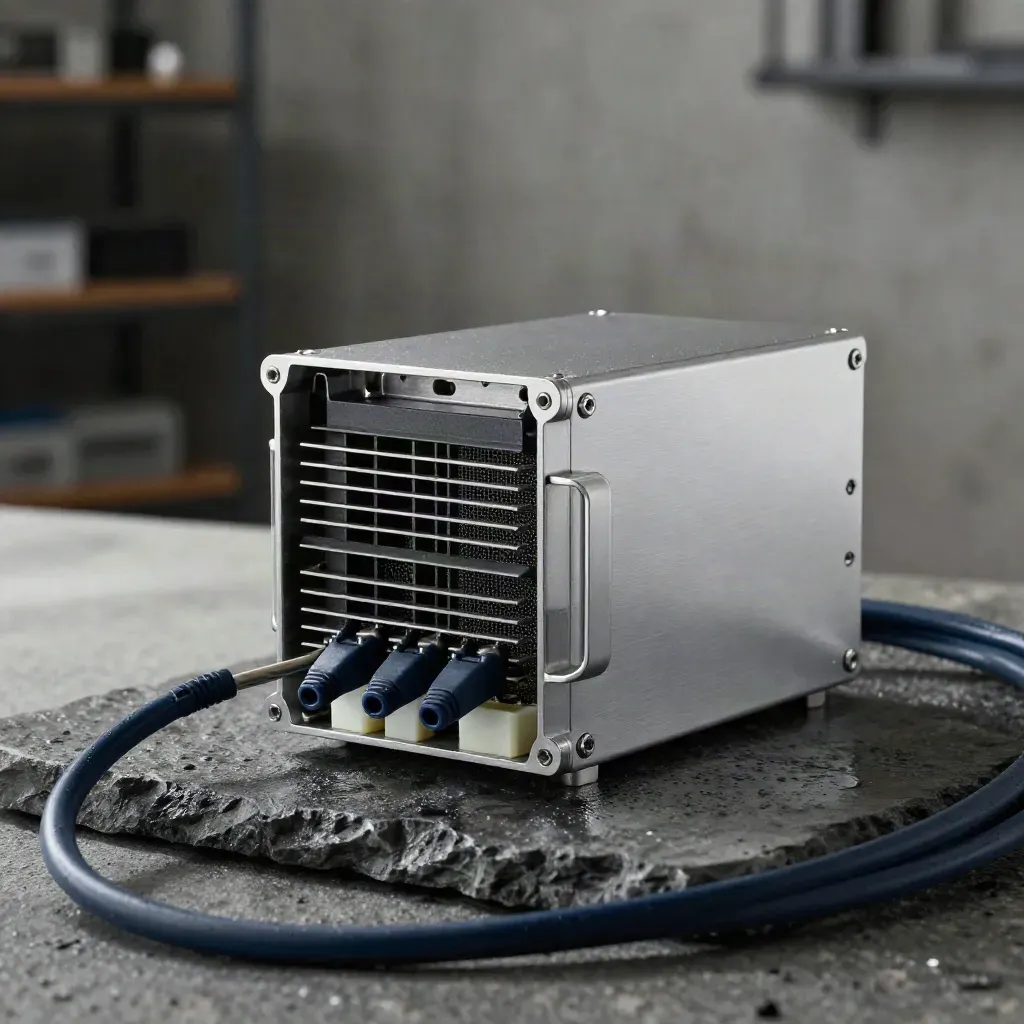 Brushed-aluminium server chassis with fiber leads, cooling block and stone surface in soft studio light