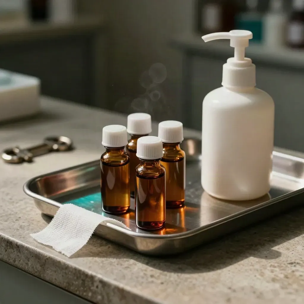 Amber vials, steel tray and white ceramic dispenser in a dim healthcare still life.