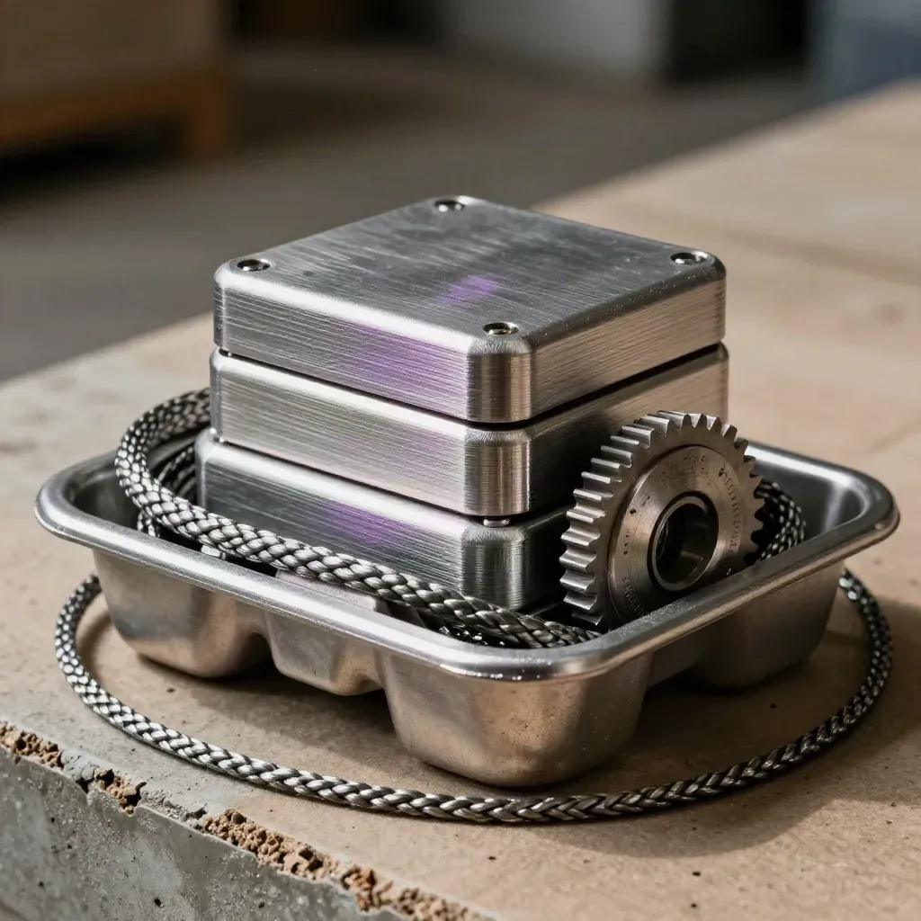 Stacked aluminum housings, braided lead and a small gear on a concrete packing bench.