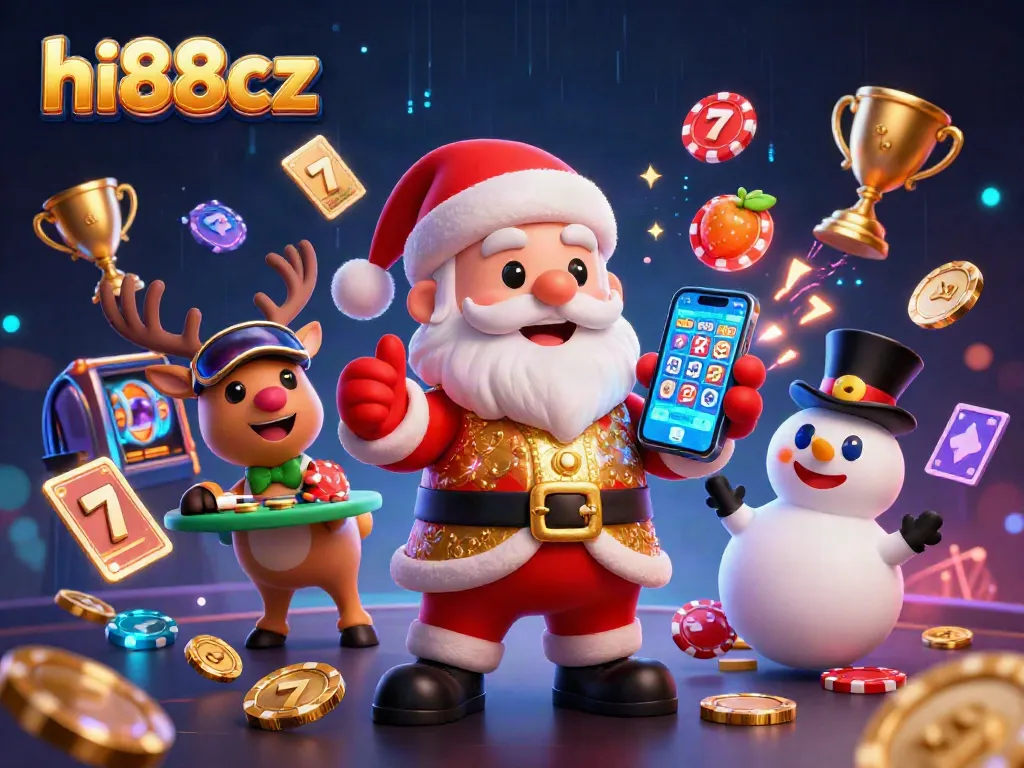 hi88cz showcases Santa celebrating a jackpot win in a vibrant casino environment with engaging game elements.