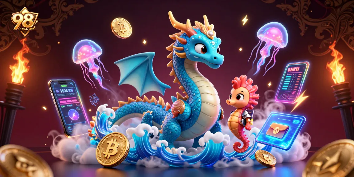 Engage with 98WIN's vibrant casino scene featuring a majestic dragon, seahorse knight, and dazzling crypto elements.