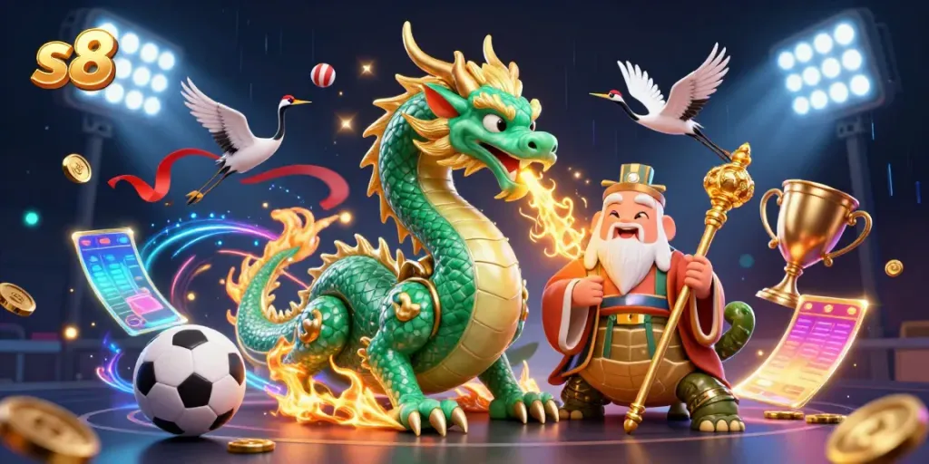Experience the thrill of s8 gaming with a vibrant 3D scene featuring a jade dragon and dynamic sports elements.
