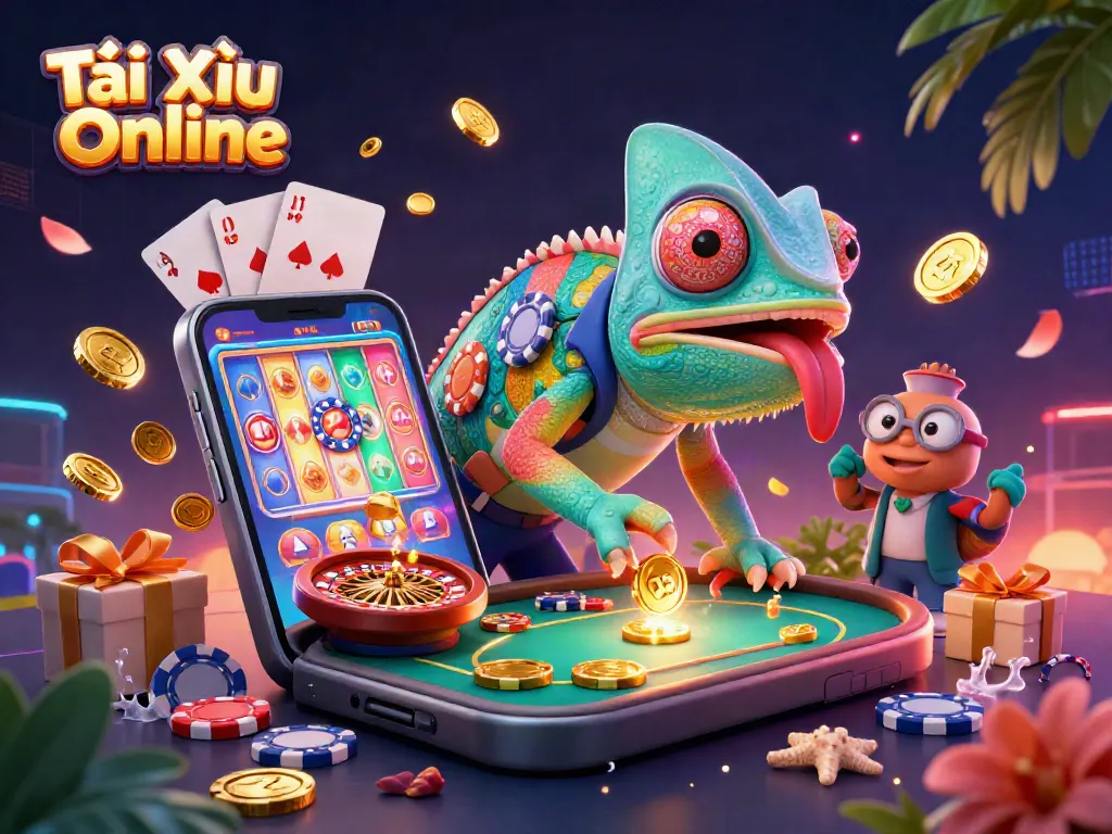 Tài Xỉu Online showcases a vibrant 3D casino scene with a chameleon owner engaging with various gaming elements.