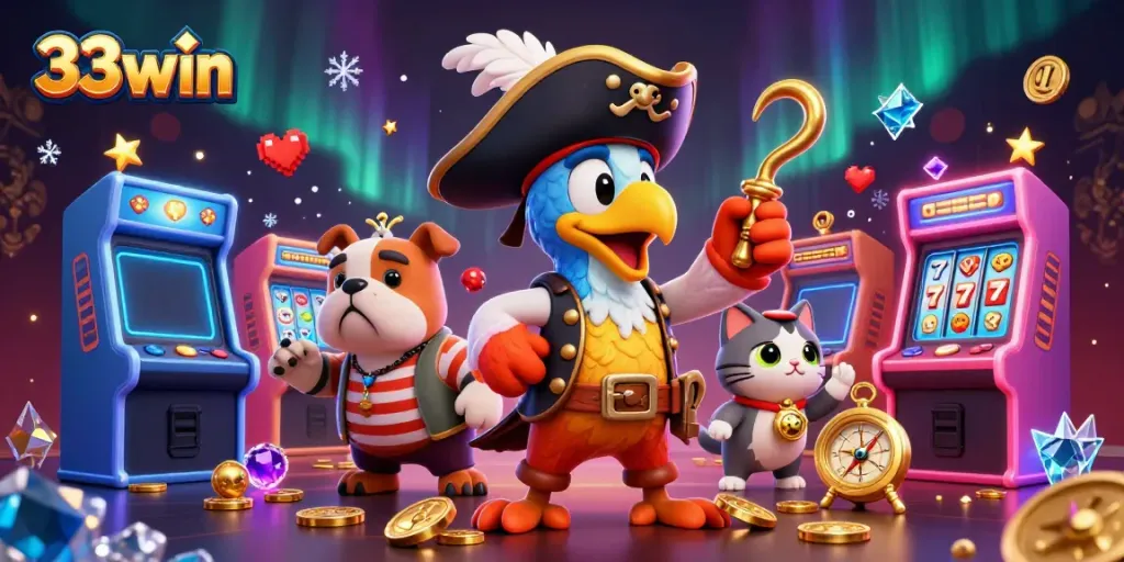 Experience the excitement at 33win with a dynamic pirate-themed casino scene.