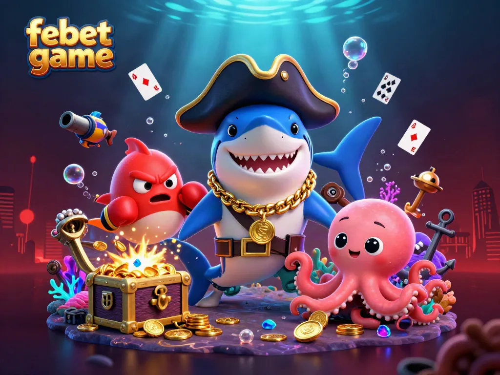 Engage with febet game as a pirate shark and friends explore a vibrant underwater casino.