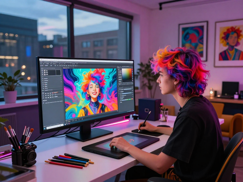 Artist creating unique nsfw ai digital art in a vibrant workspace, showcasing creativity.