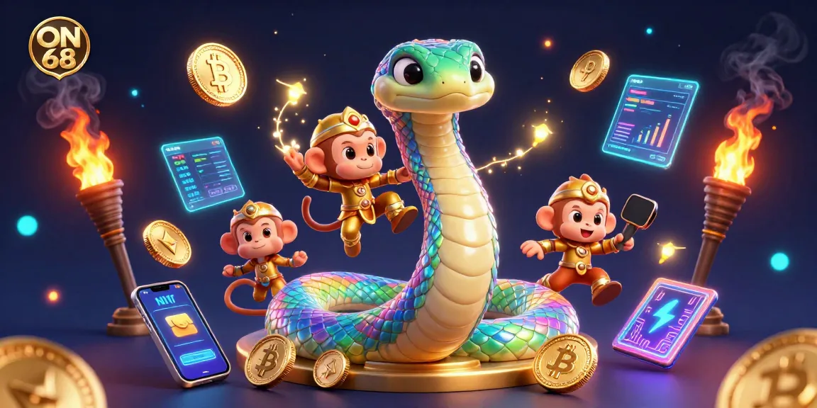 Engage with exciting ON 68 gameplay alongside an intricately detailed casino scene filled with vibrant characters and crypto elements.