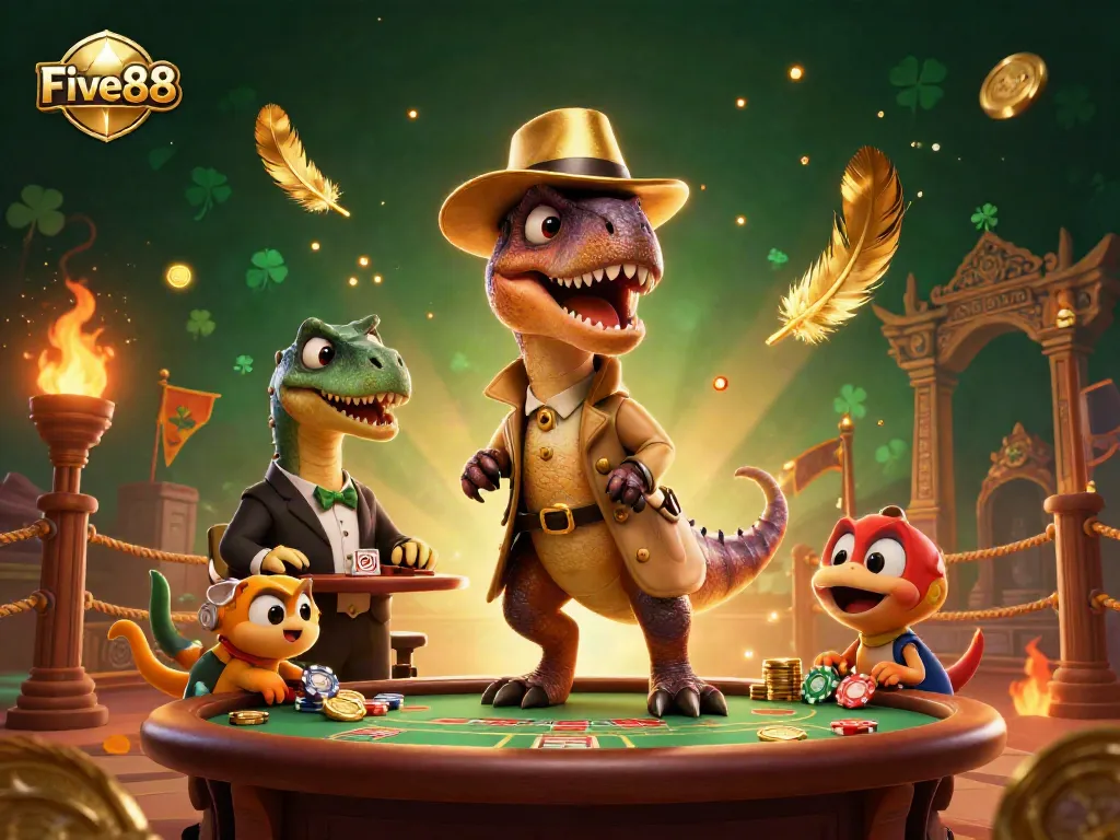 Five88 showcases a velociraptor card counter at a blackjack table surrounded by casino elements.