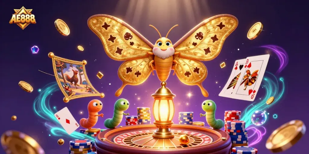 Experience the vibrant AE888 online casino with golden coins and a majestic moth in action.