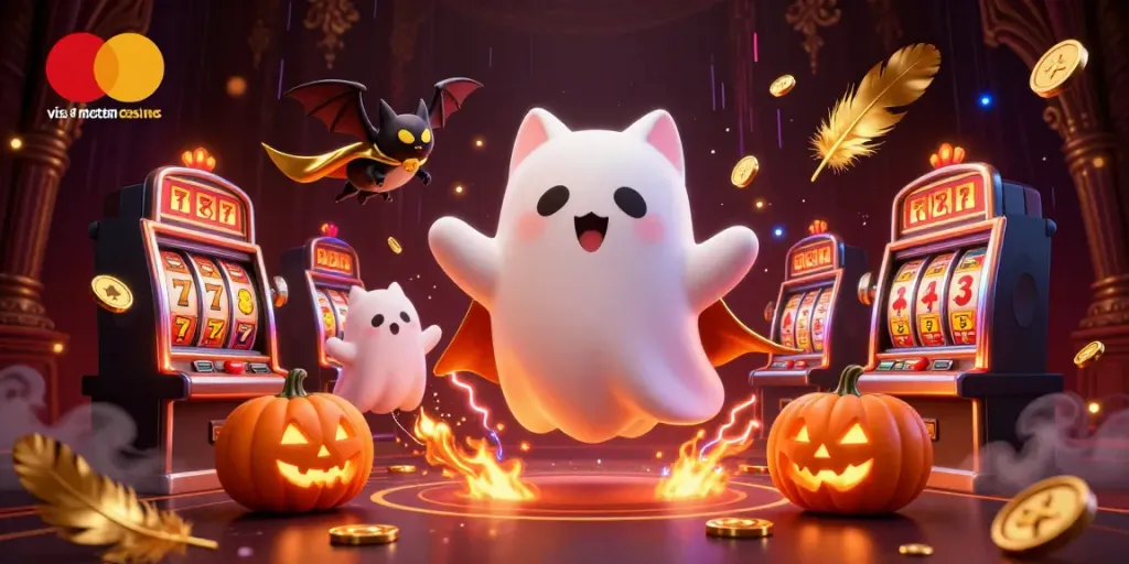 Engaging scene of visa & mastercard casinos featuring a lively ghost cat and bat amidst vibrant casino elements.