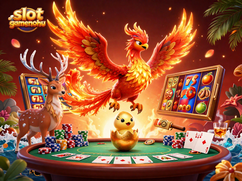 Engage with slotgamenohu's vibrant world of jackpots through an enchanting illustration of a phoenix and casino elements.