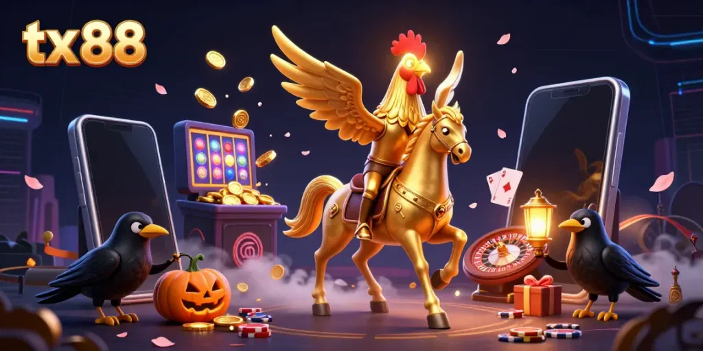 Experience unique gambling adventures with tx 88 in this casino illustration, featuring a golden rooster amidst thrilling games.