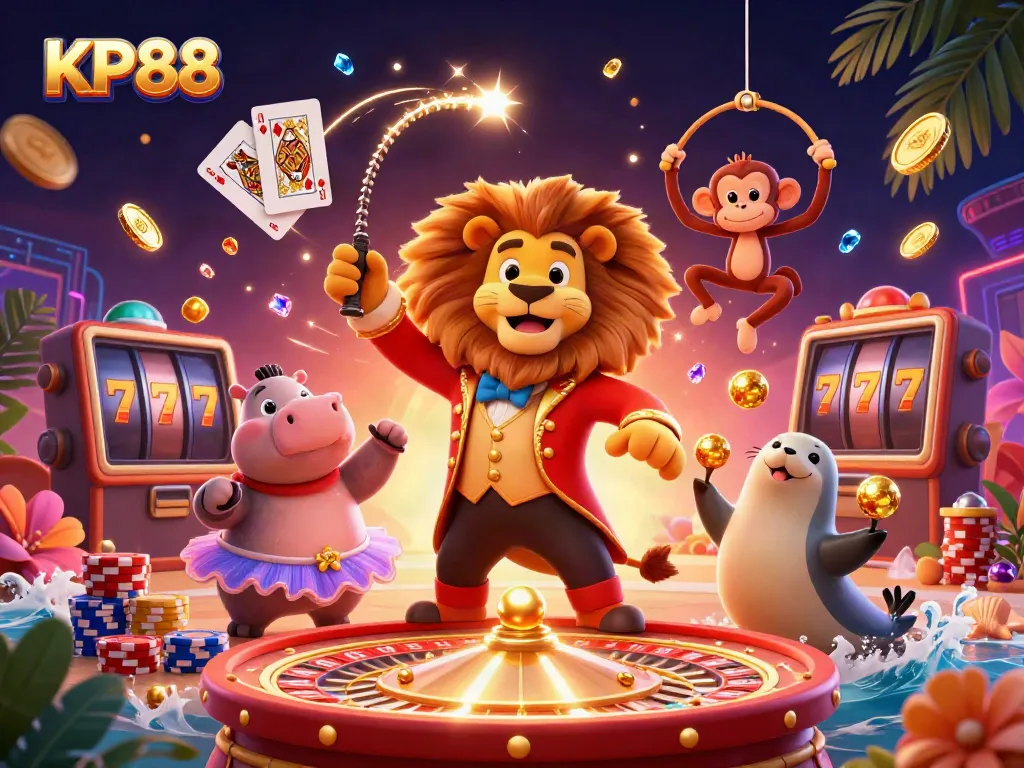 Experience the thrill at KP88 with lively casino characters, vibrant elements, and dynamic visuals!