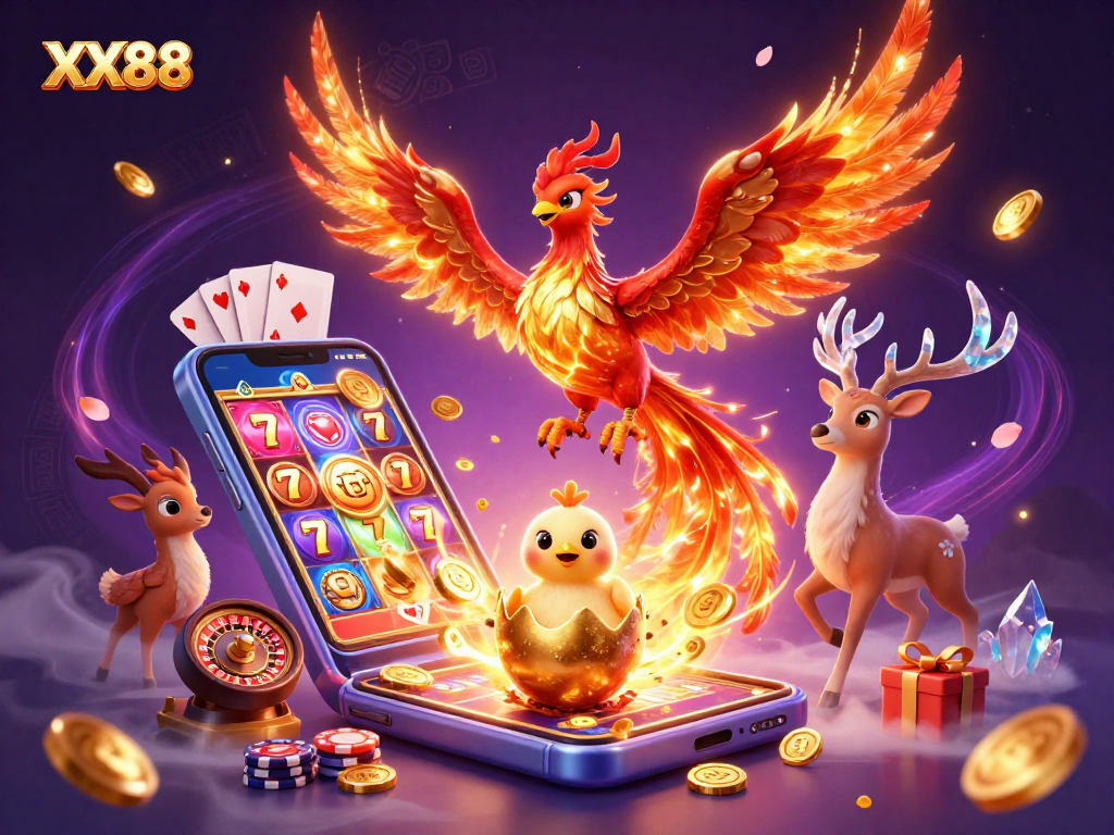 Experience thrilling gameplay at XX88 with a vibrant 3D casino scene, featuring a phoenix and dynamic gaming elements.